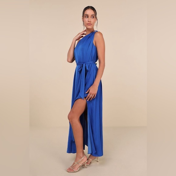 NEW Lulus Goddess Aura Cobalt Blue Satin One Shoulder Maxi Dress Slit Formal - Picture 3 of 9
